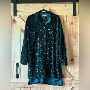 DAVI & DANI Teal Sequin Blouse